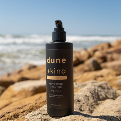 Bottle of dune + kind shampoo on a rock with ocean in the background
