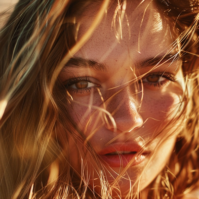 Close-up of a woman with blonde hair blowing in the wind, with a blurred natural background.