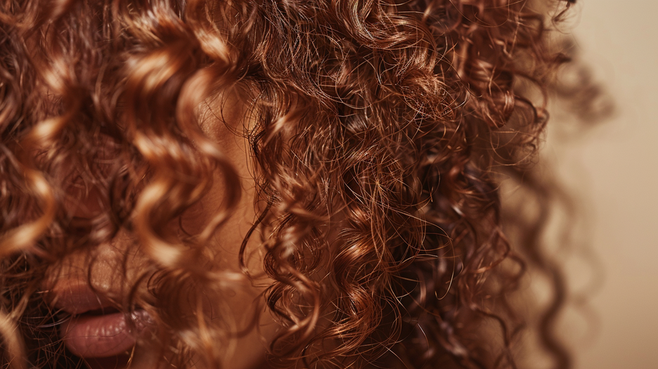 Close-up of curly red hair with a blurred background