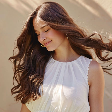 Woman with long, wavy hair wearing a white dress against a neutral background