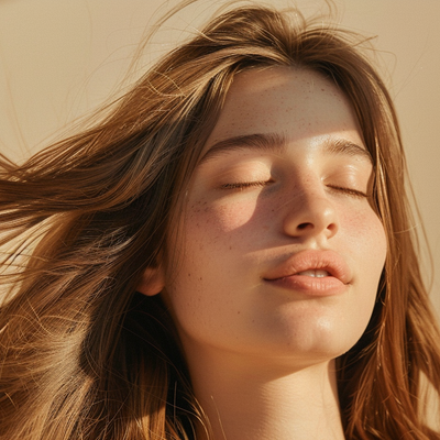Woman with long brown hair against a beige background