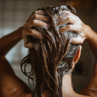 Person washing their hair with soapy hands in a shower setting